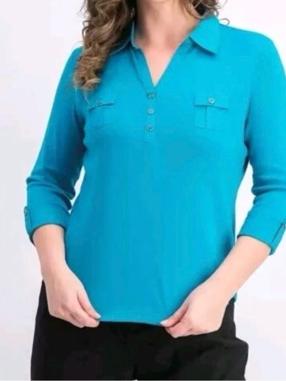 Karen Scott Teal Roll-Sleeve Polo Tunic
